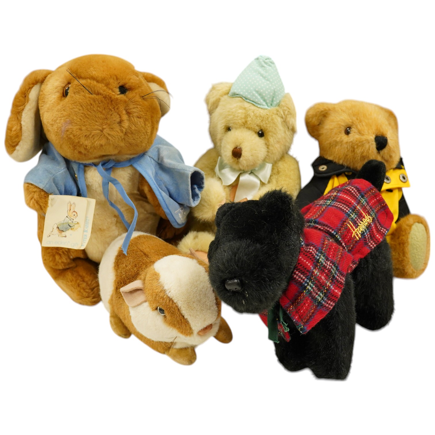 Five modern teddy bears, together with a Merrythought guinea pig, a Harrods Scottie dog, Peter Rabbit and an artist rabbit (9). Condition - good.